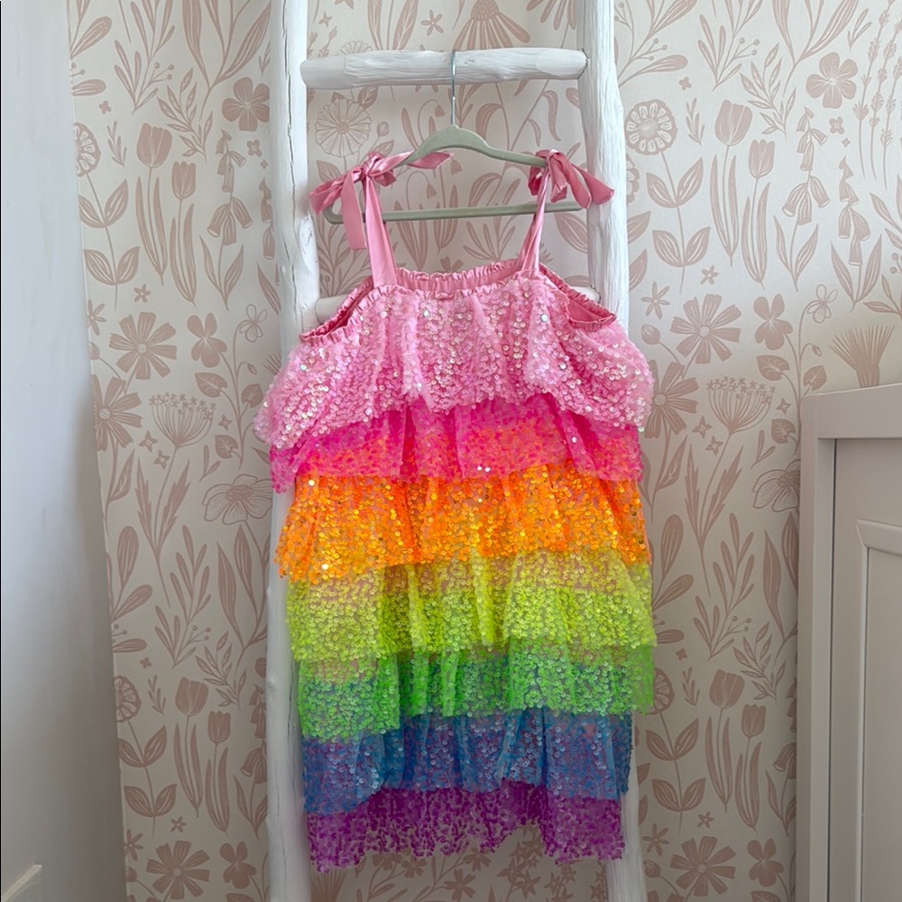 Lola + The Boys Neon Rainbow Ruffle Sequin Party Dress